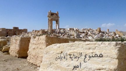 On peut lire en arabe sur ce bloc de pierres à l'entrée du temple de Bêl : "tirer sans la permission de son chef est interdit". Ce "joyau monumental de l’antique cité, dédié au « Seigneur », et sanctuarisé en 32 de notre ère", notait Le Monde, a été rasé par les jihadistes à l'été 2015.&nbsp; (Maher AL MOUNES / AFP)