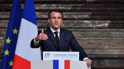 Emmanuel Macron s'exprime devant la communauté française, à Bruxelles (Belgique), le 20 novembre 2018. (EMMANUEL DUNAND / AFP)