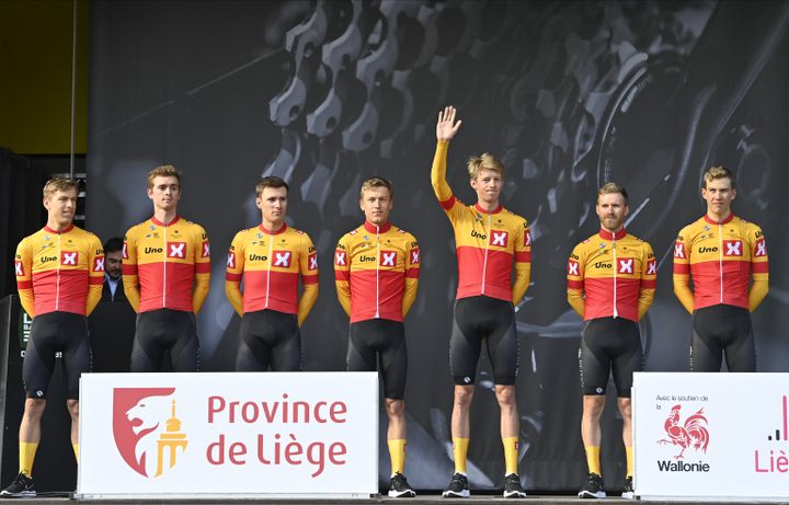 Les coureurs de la formation&nbsp;dano-norvégienne Uno-X, seule formation scandinave dans les deux premières divisions mondiales. (ERIC LALMAND / BELGA MAG)