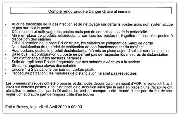 Extrait du compte-rendu daté du 16 avril 2020 de l'enquête pour danger grave et imminent chez Samsic Sûreté Aéroportuaire. (CELLULE INVESTIGATION DE RADIOFRANCE)