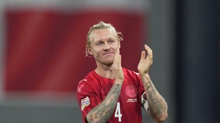 Le capitaine de l'équipe du Danemark, Simon Kjaer, lors du match de Ligue des nations contre la France, le 25 septembre 2022. (ULRIK PEDERSEN / AFP)