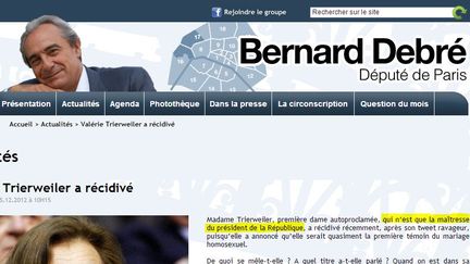 En jaune, le passage pol&eacute;mique du post de Bernard Debr&eacute;&nbsp;surlign&eacute; par francetv info. (BERNARDDEBRE.FR / FRANCETV INFO)