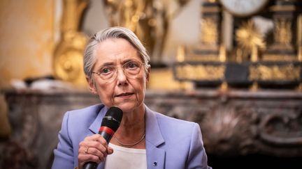 La Première ministre Elisabeth Borne lors de discussions avec des membres de Horizon à Matignon à Paris, le 5 décembre 2023. (XOSE BOUZAS / HANS LUCAS / AFP)