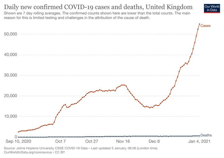 Development of the number of new daily cases of coronavirus infection in the United Kingdom.  (OUR WORLD IN DATA)