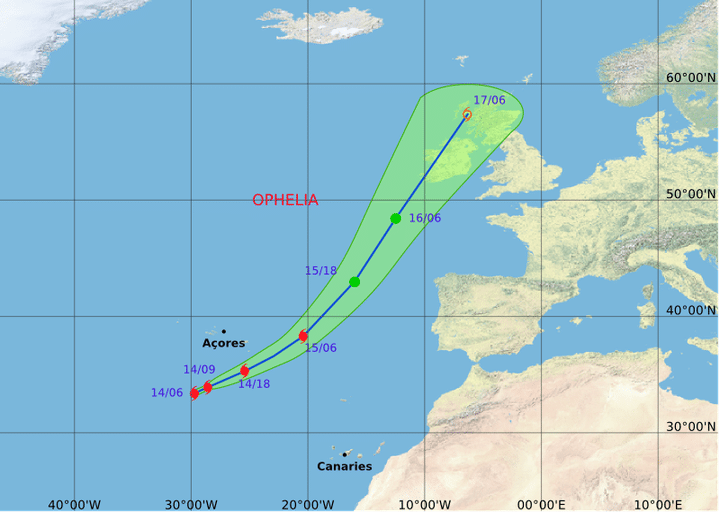 L'ouragan Ophelia devrait atteindre l'Irlande lundi, selon cette carte de prévision de Météo France. (METEO FRANCE)