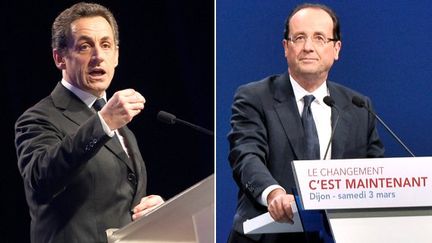 Nicolas Sarkozy et Fran&ccedil;ois Hollande, respectivement en meeting &agrave; Bordeaux et &agrave; Dijon le 3 mars 2012. (AFP PHOTO / MONTAGE FTVI)