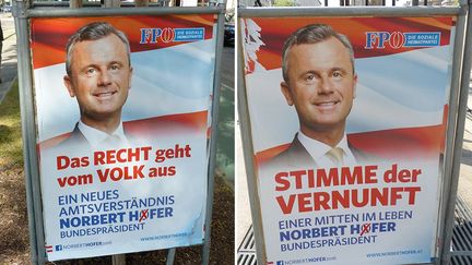 Le FPÖ a su attirer à lui de nombreuses voix des milieux populaires. Aussi se présente-t-il en haut à droite de ces deux affiches, comme le «Parti social de la Heimat» (le pays natal, qu’on peut aussi traduire par patrie). Mais là, il faut faire sérieux pour séduire les électeurs modérés sans qui son candidat, Norbert Hofer, ne pourra pas accéder au pouvoir. Pour cette raison, le parti d’extrême droite a poli son discours. Exit, donc, en principe, les expressions ouvertement xénophobes et antisémites. Même s’il a mené une campagne largement axée sur la crise migratoire. Ici, le candidat a donc, comme toujours, une mise impeccable. Il s’agit d’incarner le slogan (en rouge) de l'affiche de gauche, un tantinet populiste, qu’en démocratie, «le droit émane du peuple». Tout en soulignant qu’il incarne «une nouvelle conception de la manière d’administrer». Norbert Hofer se veut aussi «la voix de la raison», comme l’affirme le slogan (en rouge) de l’affiche à droite. Sur celle-ci, il se présente par ailleurs comme «quelqu’un qui vit au milieu des autres». Autrement dit, «c’est un homme comme les autres qui connaît les difficultés de tout un chacun».  (FTV - Laurent Ribadeau Dumas)