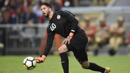 Le gardien de la Tunisie, Moez Hassen, lors d'un match face au Portugal, à Braga (Portugal), le 28 mai 2018. (MIGUEL RIOPA / AFP)