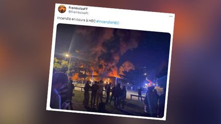 Un incendie s'est déclaré ce mardi soir sur le campus d'HEC Paris à Jouy-en-Josas (Yvelines). (CAPTURE ECRAN TWITTER)
