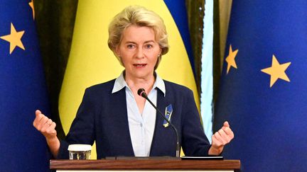 La présidente de la Commission européenne, Ursula von der Leyen, en conférence de presse à Kiev (Ukraine), le 11 juin 2022.
 (SERGEI SUPINSKY / AFP)