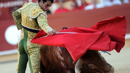 Le matador&nbsp;Morenito de Aranda, dimanche 2 ao&ucirc;t lors d'une corrida &agrave; Bayonne&nbsp;(Pyr&eacute;n&eacute;es-Atlantiques) au cours de laquelle deux personnes ont &eacute;t&eacute; bless&eacute;es. (IROZ GAIZKA / AFP)