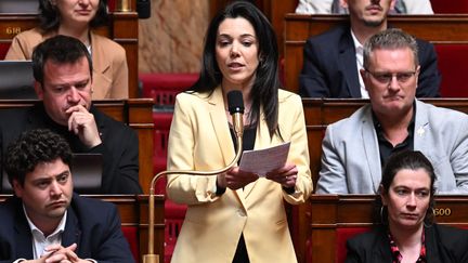 Sophia Chikirou durant une session de Questions au gouvernement, le 16 mai 2023. (EMMANUEL DUNAND / AFP)