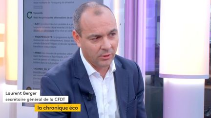 Invité de Jean-Paul Chapel dans ": L'éco", mardi 5 septembre, Laurent Berger, secrétaire général de la CFDT&nbsp;est revenu sur la réforme du code du travail.&nbsp; (FRANCEINFO)