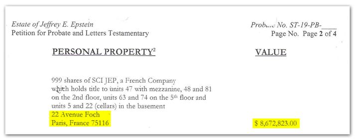 Extrait du testament de Jeffrey Epstein, qui indique que son appartement parisien vaut 8,6 millions de dollars. (DR)