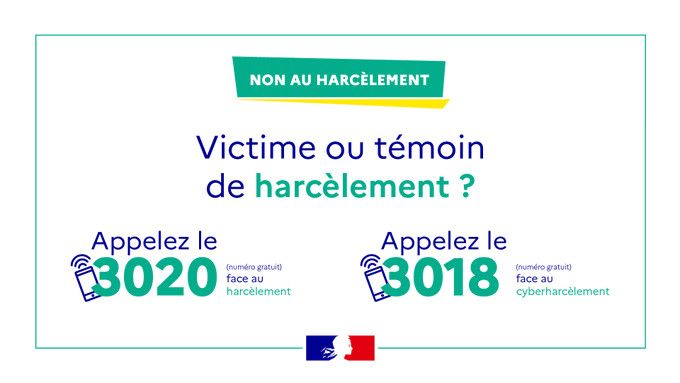 Les numéros de signalement des situations de harcèlement (3020) et de cyberharcèlement (3018). (MINISTERE DE L'EDUCATION NATIONALE)