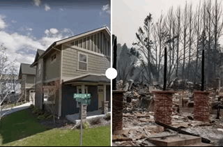 Une maison détruite par les flammes, à Talent (Oregon), lors des incendies de septembre 2020.&nbsp; (GOOGLE STREET VIEW) (NATHAN HOWARD / GETTY IMAGES NORTH AMERICA / AFP)