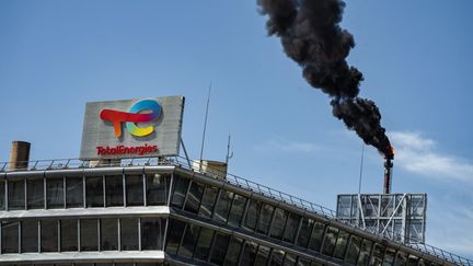 Fumée dans le ciel suite à la torchère de la raffinerie Total Energies, à Feyzin (Rhône), le 9 septembre 2022. (NICOLAS LIPONNE / HANS LUCAS / AFP)