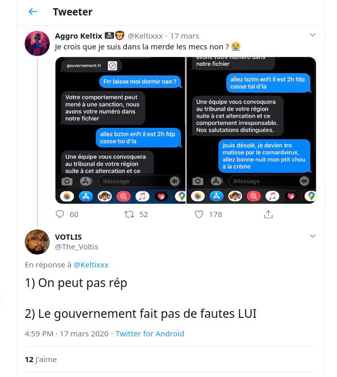 Capture d'écran de tweets à propos du SMS d'alerte du gouvernement sur le Covid-19. (FRANCEINFO)