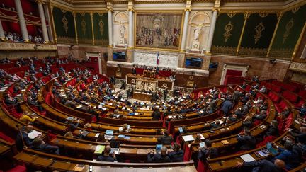 Des députés siègent à l'Assemblée nationale, à Paris, le 26 octobre 2021. (SANDRINE MARTY / HANS LUCAS / AFP)