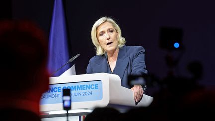 La leader du Rassemblement national, Marine Le Pen, le 30 juin 2024 à Hénin-Beaumont (Pas-de-Calais). (FRANCOIS LO PRESTI / AFP)