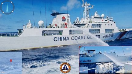 Une photo d'un tir de canon à eau d'un navire chinois contre un bateau, fournie par les garde-côtes philippins le 7 août 2023. (PHILIPPINE COAST GUARD / AFP)