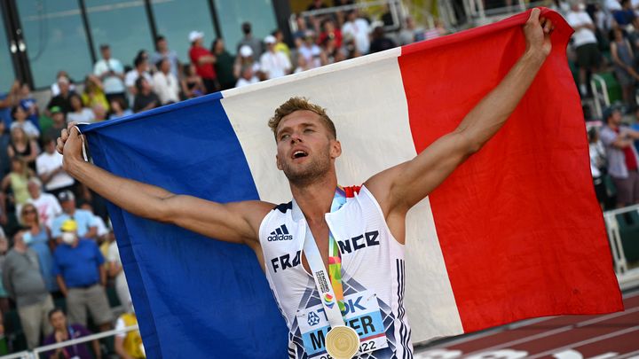 Kévin Mayer lors des Mondiaux d'athlétisme à Eugene (Oregon), le 24 juillet 2022. (ANDREJ ISAKOVIC / AFP)