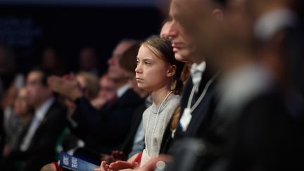 La militante économiste Greta Thunberg lors du discours de Donald Trump à Davos (Suisse) mardi 21 janvier 2020. (FABRICE COFFRINI / AFP)