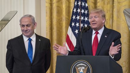 Le Premier ministre israélien, Benyamin Nétanyahou, et le président américain, Donald Trump, lors d'une conférence de presse à Washington, le 28 janvier 2020. (SARAH SILBIGER / GETTY IMAGES NORTH AMERICA / AFP)