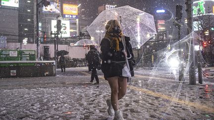 Le quartier de&nbsp;Shinjuku à Tokyo (Japon), sous la neige, en février 2022. (PHILIP FONG / AFP)