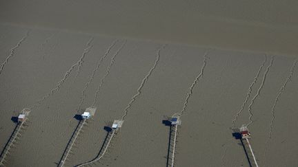 Vue a&eacute;rienne d'une p&ecirc;cherie dans l'estuaire de la Loire &agrave; mar&eacute;e basse, Paimboeur (Loire-Atlantique), le 15 mai 2014. ( STEPHANE MAHE / REUTERS)