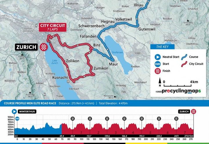 The route of the road race of the road world championships in Zurich (Switzerland), Sunday September 29, 2024. (UCI)