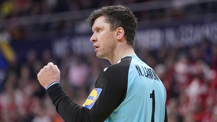 le gardien danois Niklas Landin lors de la demi-finale du Mondial contre l'Espagne, à Stockholm (Suède), le 27 janvier 2023. (LISELOTTE SABROE / RITZAU SCANPIX via AFP)