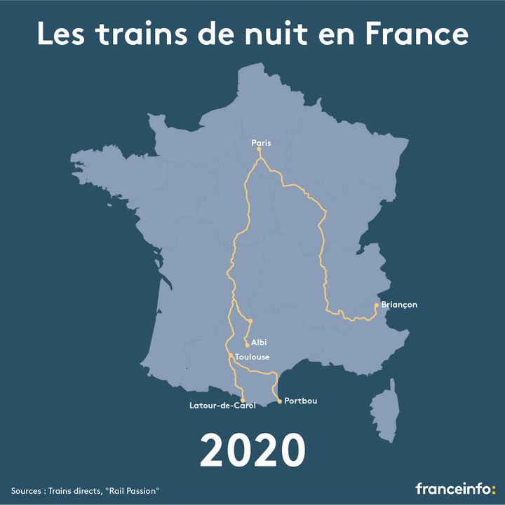 Les lignes de trains de nuit en France en 2020. (AWA SANE / FRANCEINFO)