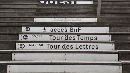 Escaliers d'entrée à la bibliothèque nationale François Mitterand dans le 13e arrondissement de Paris. (MANUEL COHEN / MANUEL COHEN)