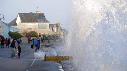 Des promeneurs observent les vagues &agrave; l'Ile-Tudy (Finist&egrave;re), le 3 janvier 2014. (FRED TANNEAU / AFP)