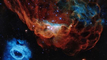 Une photo issue du télescope Hubble montrant la nébuleuse géante NGC 2014 et sa voisine NGC 2020, appartenant à une vaste nurserie d'étoiles, satellite de la Voie lactée.&nbsp; (AFP PHOTO/EUROPEAN SPACE AGENCY/HUBBLE/NASA)