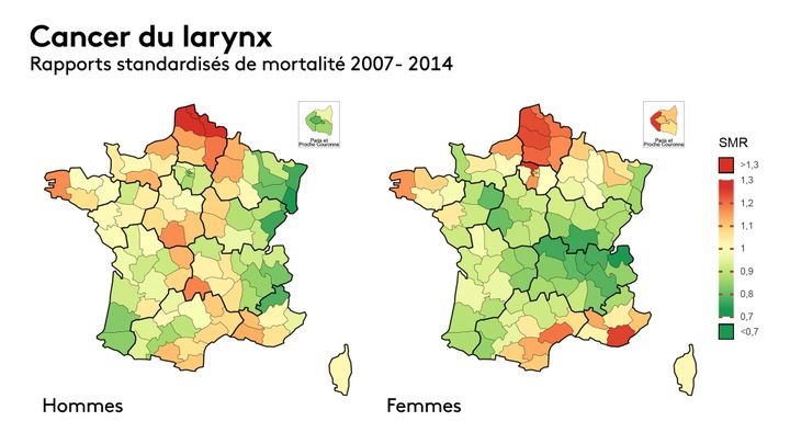 La carte de la surmortalité des cancers du larynx en France entre 2007 et 2016 (rapports standardisés, source : Santé publique France). (FRANCEINFO)