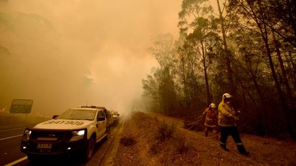 Des&nbsp;pompiers tentent d'éteindre un feu à Moruya, au sud de Batemans Bay en Australie, le 4 janvier 2020.&nbsp; (PETER PARKS / AFP)