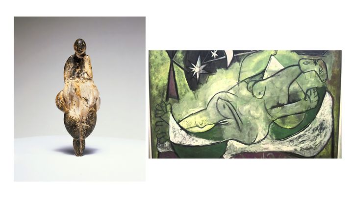 À gauche, la "Vénus de Lespugue" (23 000 av. J.-C.), à droite "Femme nue couchée" de Picasso (1936) (Centre Pompidou)