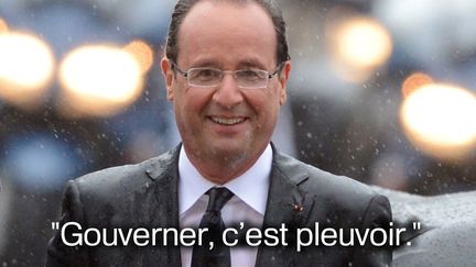 Alors qu'il n'a pas &eacute;t&eacute; &eacute;pargn&eacute; par les &eacute;l&eacute;ments lors de ses sorties officielles, Fran&ccedil;ois Hollande tente de d&eacute;tendre l'atmosph&egrave;re en pleine temp&ecirc;te provoqu&eacute;e par l'affaire Cahuzac. Il s'exprimait lors d'un voyage au Maroc le 3 avril 2013. ( MARTIN BUREAU / AFP )