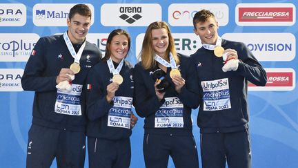 Charles Rihoux, Charlotte Bonnet, Marie Wattel et Maxime Grousset posent avec la médaille d'or obtenue sur le 4X100 mètres nage libre lors des championnats d'Europe de natation à Rome, le 15 août 2022. (DOMENICO CIPPITELLI / LIVEMEDIA)