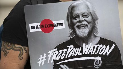 Un manifestant réclame la libération du militant écologiste Paul Watson devant l'ambassade du Danemark à Paris, le 23 septembre 2024. (MARTIN LELIEVRE / AFP)