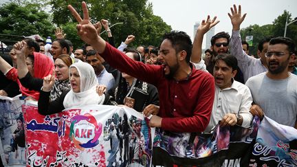 Des manifestants du Cachemire à Islamabad (Pakistan), le 5 août 2019.&nbsp; (AAMIR QURESHI / AFP)