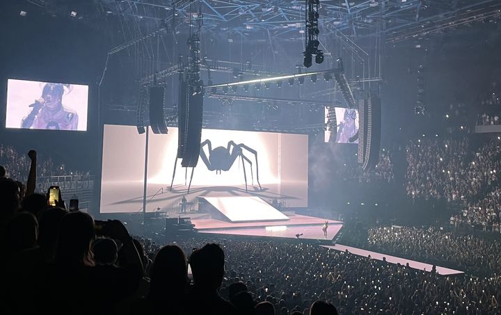 L'araignée géante de "You Should See Me In A Crown" parcourt les écrans au concert de Billie Eilish, mercredi 22 juin 2022 à l'AccorArena de Paris-Bercy (France). (LAURE NARLIAN / FRANCEINFO CULTURE)