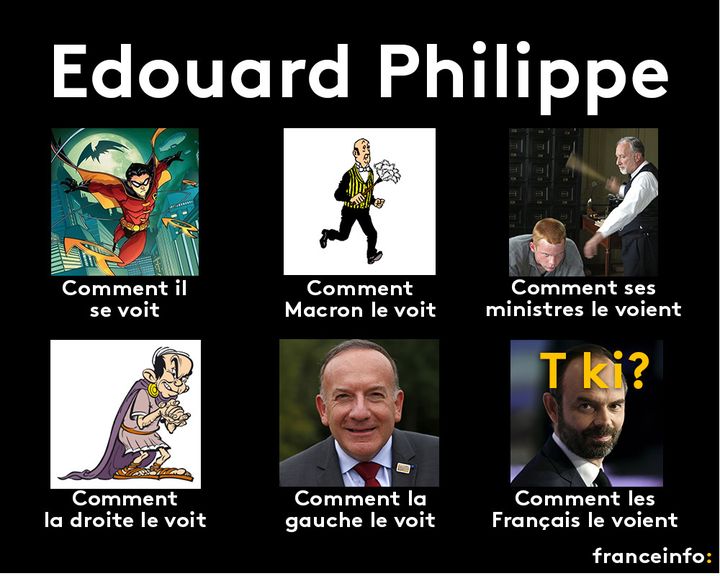 Montage photo représentant la façon dont est perçu le Premier ministre, Edouard Philippe. (FRANCEINFO)