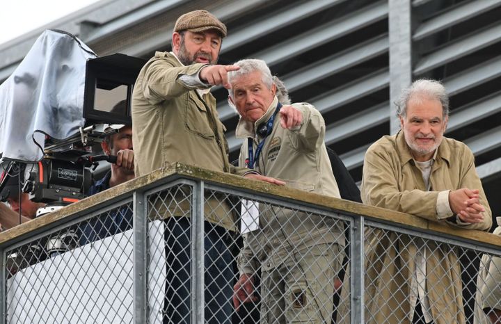 Kad Merad, Claude Lelouch and Raphaël Mezrahi during filming on the 24 Hours of Le Mans circuit (PHOTOPQR/OUEST FRANCE/MAXPPP)