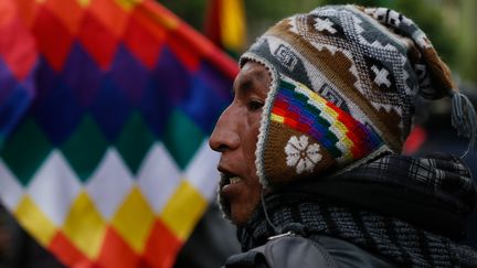 Un soutien d'Evo Morales, le 12 novembre à La Paz. Derrière lui, le "wiphala", drapeau symbole du peuple quechua. (GASTON BRITO / DPA / AFP)