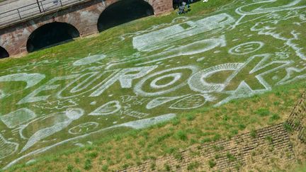 L'artiste français Saype a réalisé une fresque immense et spéciale pour les 30 ans des Eurockéennes de Belfort. (SIMON DAVAL / MAXPPP)