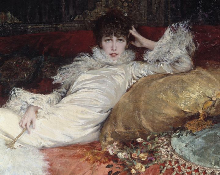 Portrait de la comédienne Sarah Bernhardt. Détail de la peinture datée 1876 de Georges Jules Victor Clairin (1843 - 1919). Dimensions 2,5 x 2 m. Paris, Musee du Petit Palais. (PHOTO JOSSE / LEEMAGE VIA AFP)