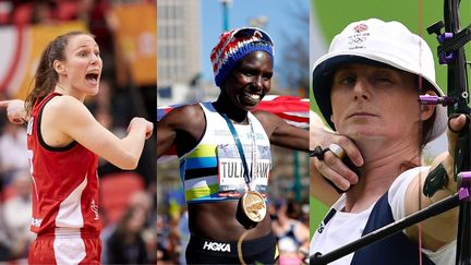 De gauche à droite : Kim Gaucher,&nbsp;Aliphine Tuliamuk et Naomi Folkard, trois jeunes mères qualifiées pour les Jeux de Tokyo. (AFP)